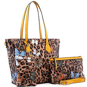 3 in 1 Butterfly Leopard Print Tote Cross Body Value SET