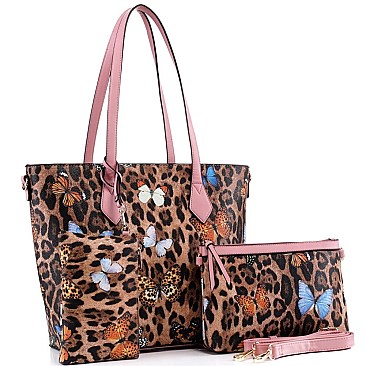 3 in 1 Butterfly Leopard Print Tote Cross Body Value SET