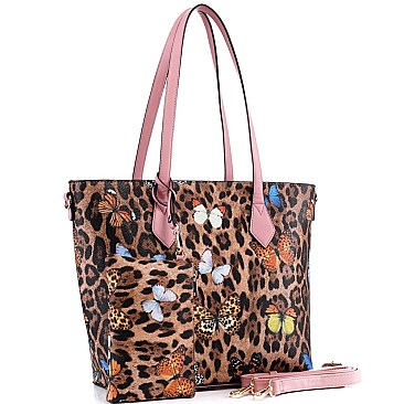 3 in 1 Butterfly Leopard Print Tote Cross Body Value SET