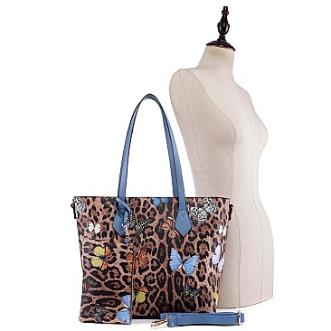 3 in 1 Butterfly Leopard Print Tote Cross Body Value SET