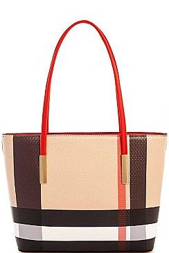 CH-BT2669 SMOOTH TEXTURED MODERN CHECK 3 in 1 FASHION TOTE SET