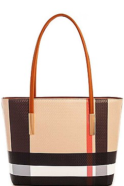 CH-BT2669 SMOOTH TEXTURED MODERN CHECK 3 in 1 FASHION TOTE SET