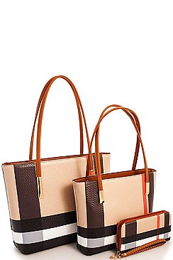 CH-BT2669 SMOOTH TEXTURED MODERN CHECK 3 in 1 FASHION TOTE SET