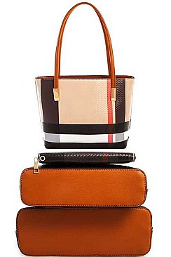 CH-BT2669 SMOOTH TEXTURED MODERN CHECK 3 in 1 FASHION TOTE SET