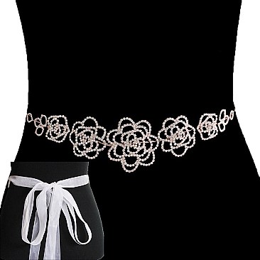 FASHIONABLE DAISY RHINESTONE DRESS BELT W/ WHITE RIBBON SLBTH2104