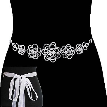 FASHIONABLE DAISY RHINESTONE DRESS BELT W/ WHITE RIBBON SLBTH2104