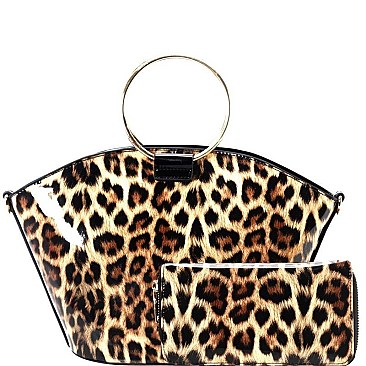 Leopard Print Patent Satchel Wallet Set
