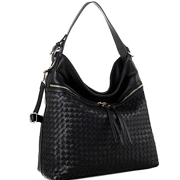 Front Zipper Compartment Color-Block Woven Detail 2-Way Hobo MH-BY4230