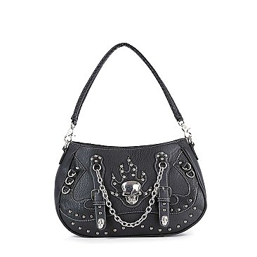 Stud And Chain Accented Skull Hobo Handbag