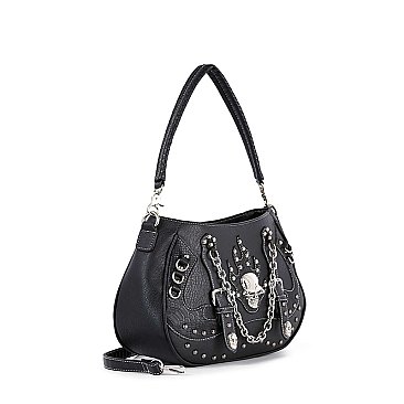 Stud And Chain Accented Skull Hobo Handbag