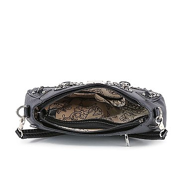 Stud And Chain Accented Skull Hobo Handbag