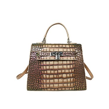 Medium Size Exceptional Crocodile Padlock Multi Tone Satchel