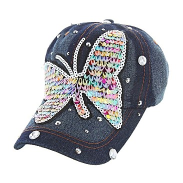 Multi Sequined Butterfly on Denim Fashion Cap MEZ806