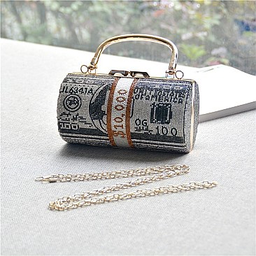 Round Stack Of Hundred Dollars Clutch Evening Bag (LARGE 8")