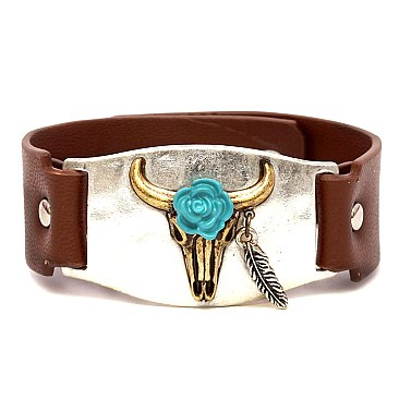 CB1305-LP Western Cow Hammered Metal Leather Anchor Bangle Bracelet