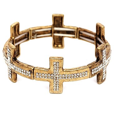 Fashionable Rhinestone Embellished Metal Cross Elastic Bracelet MH-CB1644-1