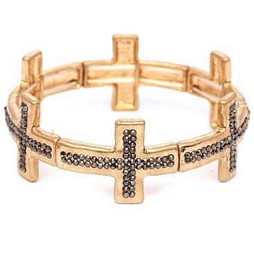 Fashionable Rhinestone Embellished Metal Cross Elastic Bracelet MH-CB1644-1