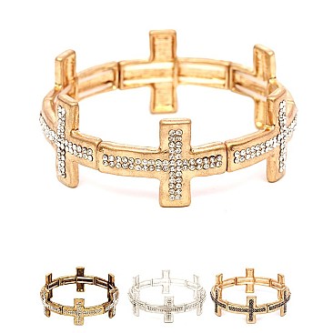 Fashionable Rhinestone Embellished Metal Cross Elastic Bracelet MH-CB1644-1