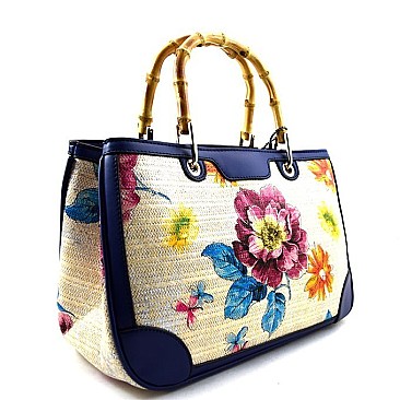 Hot Flower Print Bamboo Handle Linen Satchel