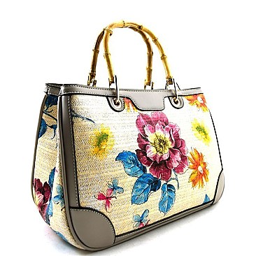 Hot Flower Print Bamboo Handle Linen Satchel