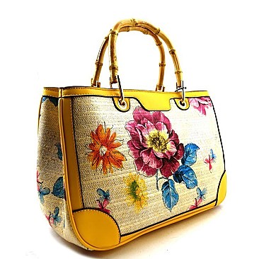 Hot Flower Print Bamboo Handle Linen Satchel