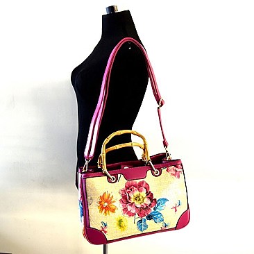 Hot Flower Print Bamboo Handle Linen Satchel