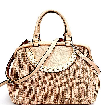 CB6614-LP Pearl and Stone Embellished Crochet 2 Way Satchel