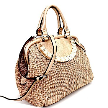 CB6614-LP Pearl and Stone Embellished Crochet 2 Way Satchel