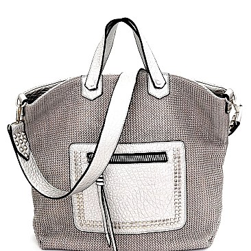 CB6616-LP Metallic Trim Studded Crochet 2 Way Oversized Tote