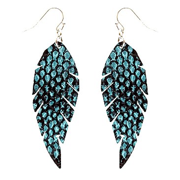 CE1107-LP Snake Print Leaf Shape Leather Earring