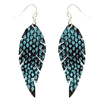 CE1107-LP Snake Print Leaf Shape Leather Earring