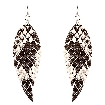 CE1108-LP Snake Print Embossed Leather Feather Shape Earring