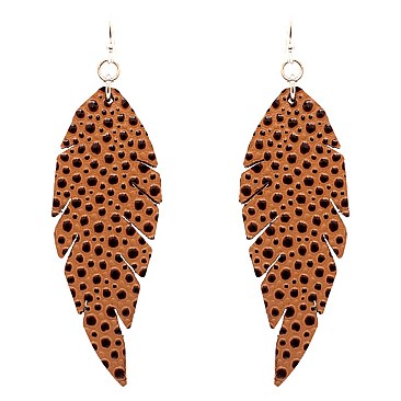 CE1109-LP Ostrich Print Embossed Feather Shape Leather Earring