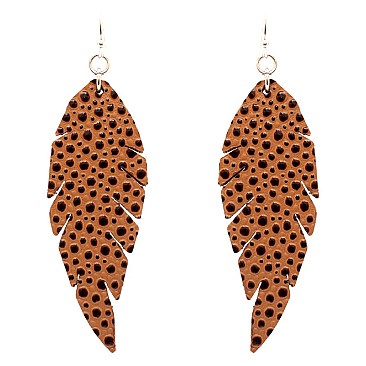 CE1109-LP Ostrich Print Embossed Feather Shape Leather Earring