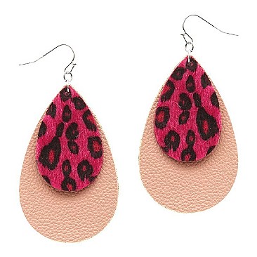 Stylish Leopard Print Accent Layered Leather Teardrop Earrings MH-CE1158-1