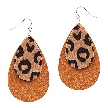 CE1158-LP  Leopard Print Accent Layered Leather Teardrop Earring