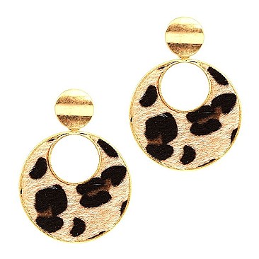 ROUND LEOPARD PRINT LEATHER POST EARRING