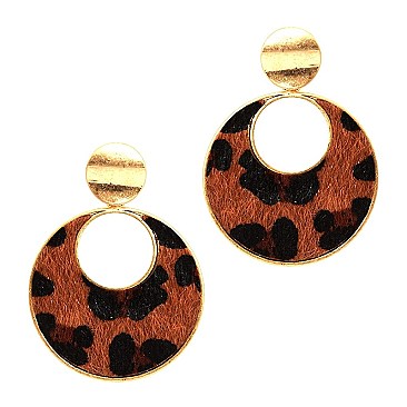 ROUND LEOPARD PRINT LEATHER POST EARRING