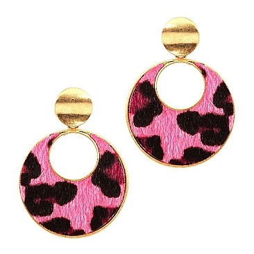 ROUND LEOPARD PRINT LEATHER POST EARRING