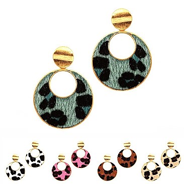 ROUND LEOPARD PRINT LEATHER POST EARRING