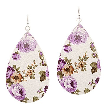 CE1727-LP Flower Print Teardrop Leather Earring
