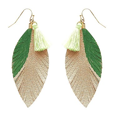 CE1750-LP Mini Tassel Accent Leaf-Shape Accent Color Leather Earring