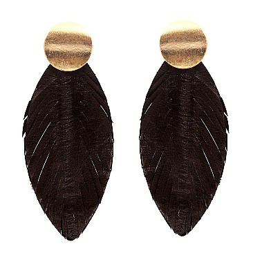 Leather Feather Metal Post Earring