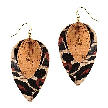 Layered Leopard Print Cork Leaf Shape Earring