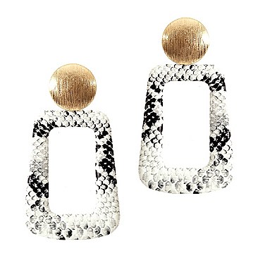 Trendy Snake Print Square Open-cut Leather Metal Post Earrings MH-CE1939
