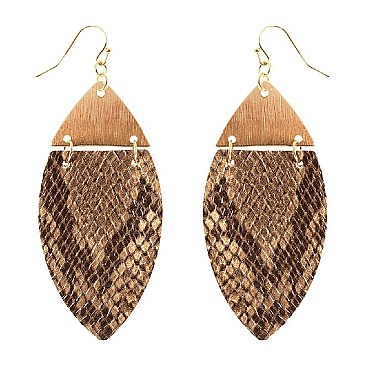 Metal Top Snake Print Marquise Leather Earring