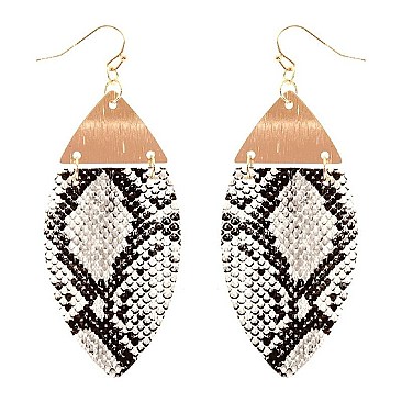 Metal Top Snake Print Marquise Leather Earring
