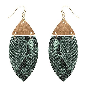 Metal Top Snake Print Marquise Leather Earring