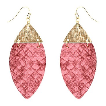 Metal Top Snake Print Marquise Leather Earring