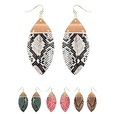 Metal Top Snake Print Marquise Leather Earring